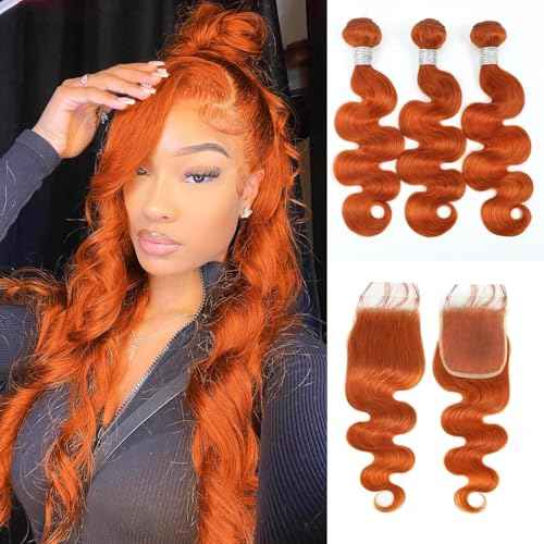 12A Ginger Bundles With Closure Body Wave Human Hair, Soft And Shed-Free Colored #350 Copper Orange 3 Bundles Human Virgin Hair With 4x4 HD Lace Closure Pre Plucked 10 12 14+10 IN Wavy Weave