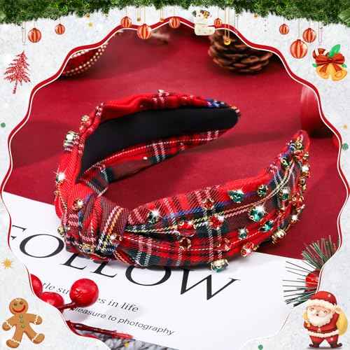 obeoby Christmas Headband for Women, Knotted Headband with Jeweled Crystal Decorations Holiday Hairband Christmas Accessories