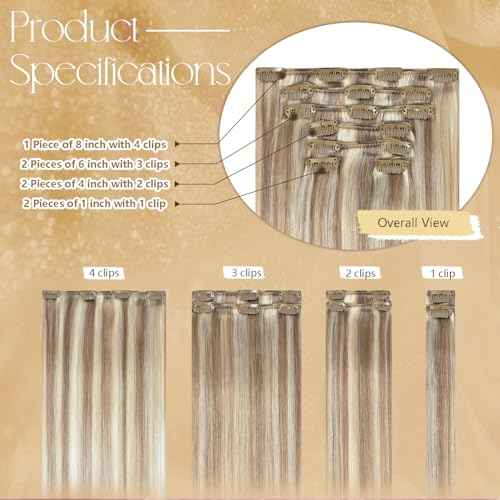 Blonde Highlights Human Hair Extensions Clip Ins 20 Inches Light Brown Mixed Bleach Blonde100g Hair Clip in Extensions Real Human Hair Straight Silky #8/22/8 7pcs