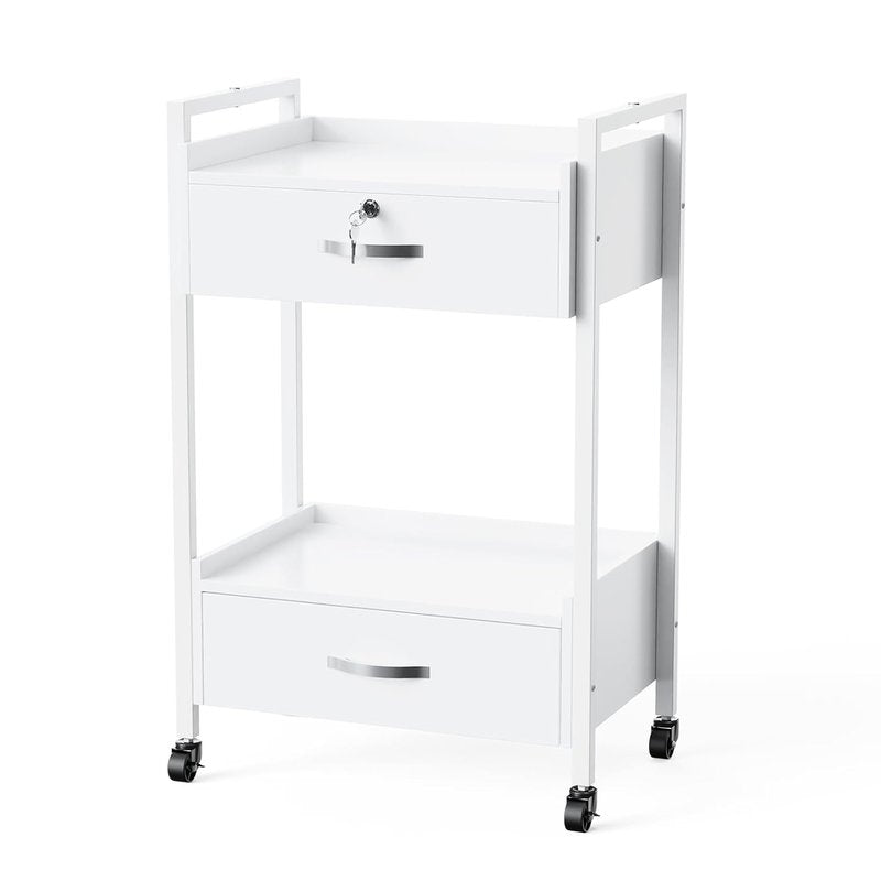 Salon Trolley Cart with Wheels - Mobile Esthetician Storage Organizer with 2 Drawers & 2 Trays | White