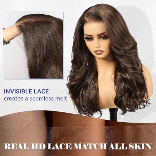 HAIRCUBE 13x6 HD Synthetic Lace Front Wig, 24 Inch Brown Long Curly Layered Wigs, Natural Density Hairline Glueless Wigs for Women Daily Use
