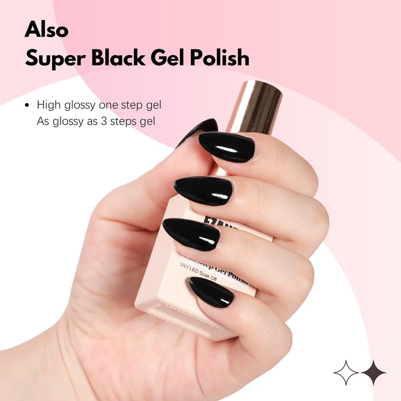 FZANEST Black Gel Polish Top Base Coat for Chrome Nail Powder, Hema-Free 3 in 1 One Step Gel Nail Polish Soak Off LED UV Nail Art Starter Manicure 15ml