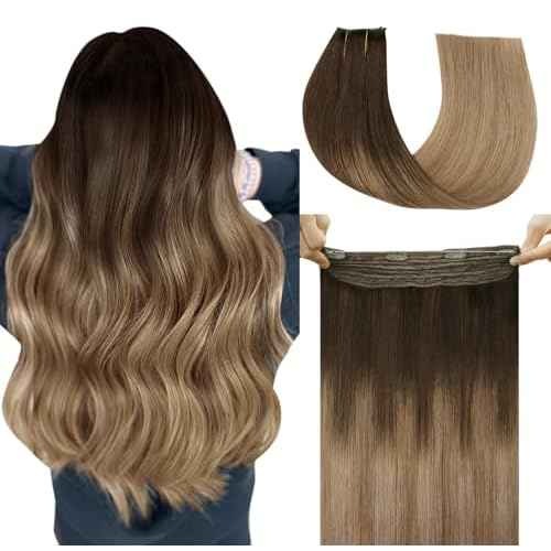 Invisible Wire Hair Extensions Real Human Hair, 22 Inch 85g Dark Brown to Dirty Blonde Hair Extensions Seamless Fish Line Real Hair for Women(#2/6/18-22inch)