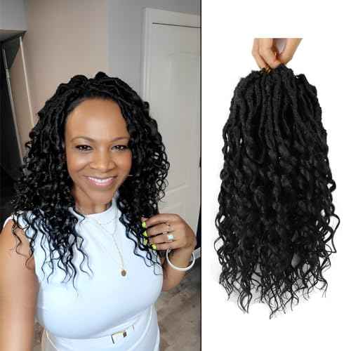 Deep Faux Locs Crochet Hair 12 Inch 8 Packs Goddess Locs Crochet Hair 1B Soft Loc Faux Loc Crochet Braids with Curly Ends Prelooped Deep Wave Croceht Braids for Black Women(Natural Black)