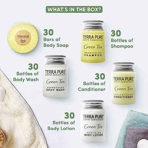 Terra Pure Hotel Soaps & Toiletries Bulk Set | 1-Shoppe Amenities Kit | 1oz Shampoo & Conditioner, Body Wash, Lotion, 1.25oz Bar Soap | Travel Size | 150 Pieces