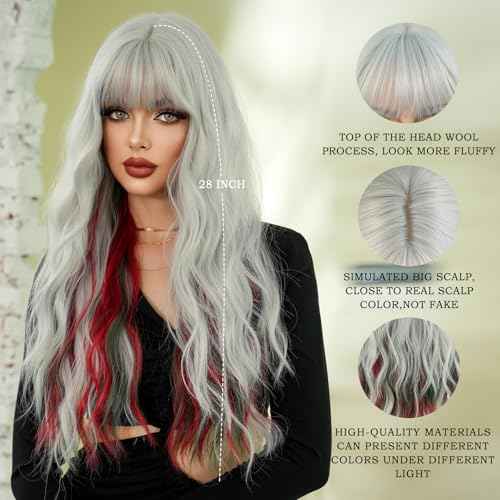 7JHH WIGS Long Curly Red Green Highlight Christmas Siler White Wigs Natural Heat Resistant Fibre Wet Wave Grey White Ombre Women Wigs for Holiday Festival Christmas Daily Party Daily Used