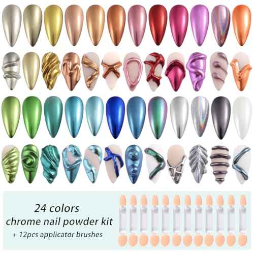 24 Colors Chrome Nail Powder Set Metallic Mirror Effect Gold Silver Pink Chrome Nail Powder White Pearl Iridescent Multi Chrome Powder for Nails Chameleon Rubbing Pigment Manicure Supplies