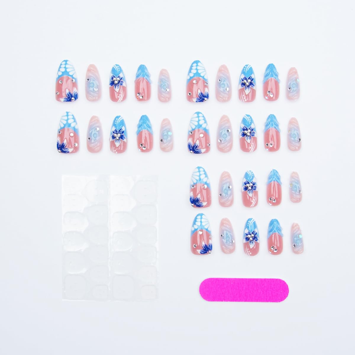 Skiennix Press-On Nails - 30 Pcs Summer Blue Flower Design with Rhinestones | Medium Almond Shape, Glossy Finish