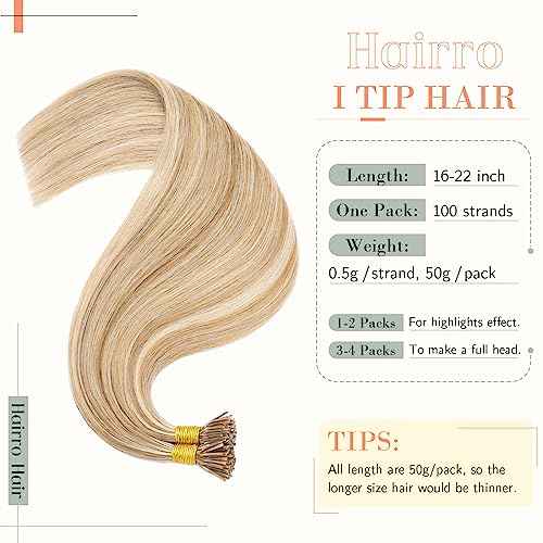Hairro I Tip Hair Extension For Women Pre Bonded Cold Fusion Keratin Stick Highlight Tipped Hair Pieces Beaded Hair Extensions 22" 100 Strands 50g #12P613 Golden Brown Mix Bleach Blonde