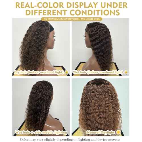 Chocolate Brown Headband Wig Human Hair Deep Wave Human Hair Wigs for Black Women 20 Inch Curly Headband Wig Glueless None Lace Front Brazilian Virgin Hair Wear and Go 150% Density