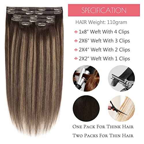 Loxxy 20Inch Seamless Clip in Hair Extensions Remy Human Hair Chestnut Brown to Highlight Dark Brown With Dark Brown Roots Natural Seamless Hair Extensions Clip in With PU Weft 110Gram #R2-2/6