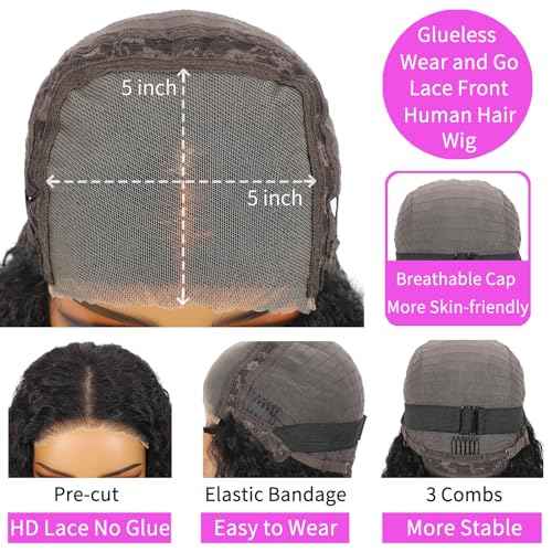 Water Wave Wear and Go Glueless Wigs Human Hair Pre Plucked Pre Cut 5 x 5 HD Lace Closure Wigs 200 Density Water Wave Lace Front Human Hair Wigs for Black Women Natural Black 20 Inch