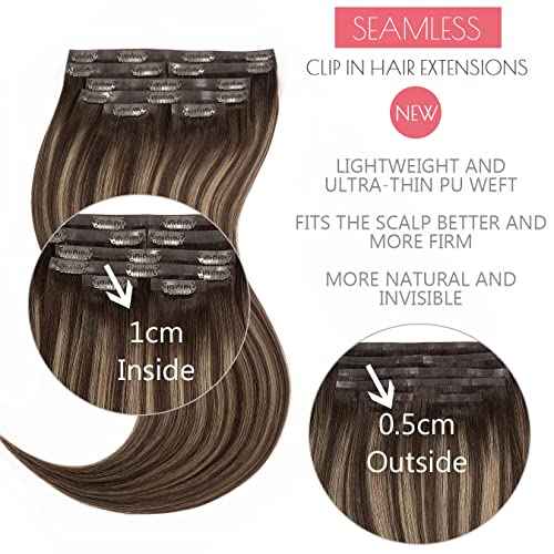 Loxxy 20Inch Seamless Clip in Hair Extensions Remy Human Hair Chestnut Brown to Highlight Dark Brown With Dark Brown Roots Natural Seamless Hair Extensions Clip in With PU Weft 110Gram #R2-2/6