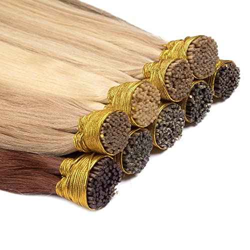 I Tip Remy Human Hair Extensions Cold Fusion Hair Piece Pre Bonded Keratin Stick In Hair Extensions Long Straight #18/613 Golden Brown Highlighted Bleach Blonde Hairpieces 100 Strands 100g 24"