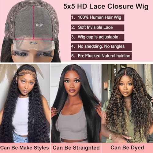 SODLIS 5x5 HD Lace Closure Wigs Human Hair Wear And Go Glueless Wigs Human Hair Pre Plucked With Baby Hair Ready to Go Deep Wave Lace Front Wigs Human Hair for Women (Black, 22 Inch, Curly)