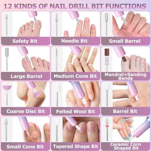Electric Nail Files Cordless, Professional Nail Drill LCD Display with 12 Bits 30000RPM Rechargeable Manicure Pedicure EFile for Gel?Nail?Polish Acrylic Nails Thick Toenails Removal, Grey Pink