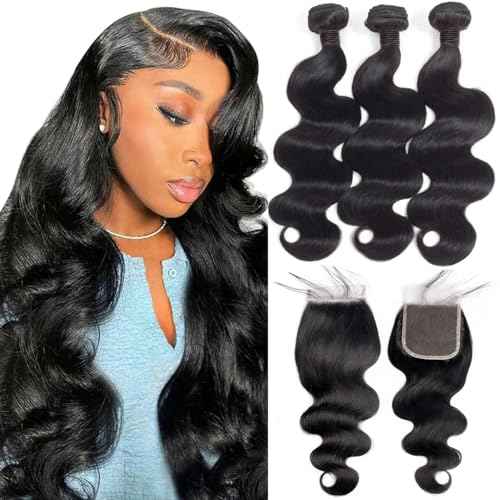 12A human Hair Bundles With Closure(14 16 18+12) Body Wave Bundles Human Hair With 4x4 Lace Closure Human Hair Brazilian Virgin Hair Weave Bundle With Closure Free Part