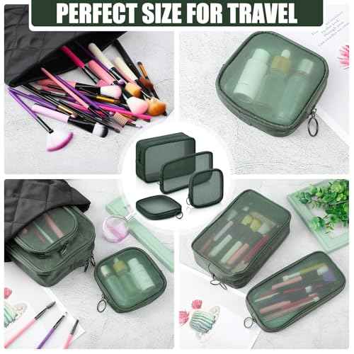 Weewooday 4 Pcs Mesh Makeup Bag Mesh Cosmetic Bag Travel Toiletry Pouch with Zipper Mini Makeup Cosmetic Purse for Daily Accessory(Small, Large, Medium,Olive Green)