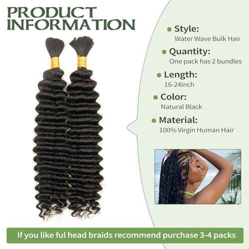 Water Wave Human Hair Bundles Natural Black for Braiding 22 Inch 2 Bundles No Weft, Curly Boho Braids Hair, Brazilian Virgin Hair Extensions (22In,1B)