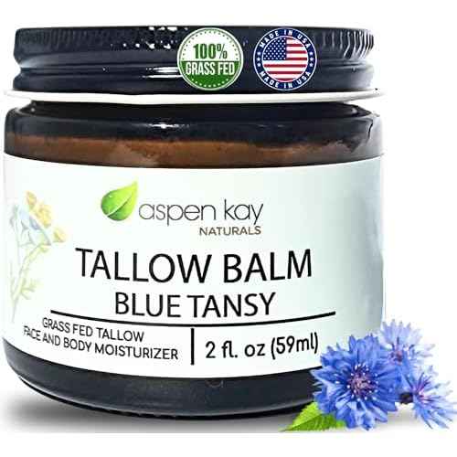 Aspen Kay Naturals Handmade 100% Grass Fed Beef Tallow Balm for Skin Care, With Organic Jojoba Oil + Chamomile (Blue Tansy) Organic Body Butter - 2 fl. oz. Made in USA