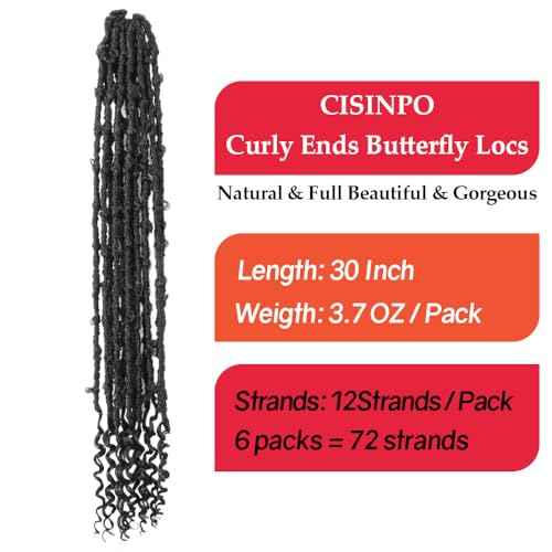 Butterfly Locs Crochet Hair with Curly Ends 30 Inch, 6 Packs Boho Distressed Locs Hair Extensions, Bohemian Goddess Faux Butterfly Braids Can be Used for Wigs (1B, Natural Black)