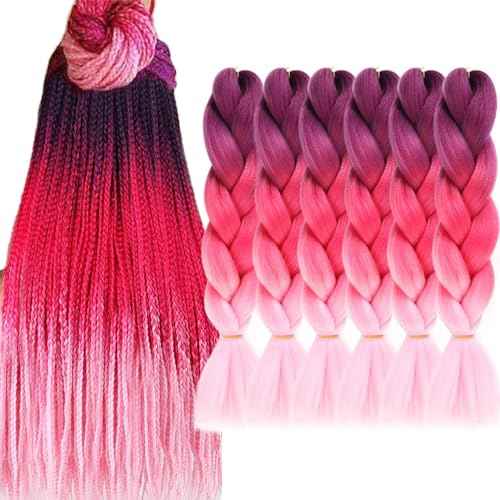 Colorful Braiding Hair Ombre Braiding Hair Extensions 24in 6Packs Pre stretched Braids Hair for Girls #Purple-Hot Pink-Pink