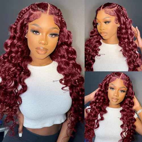 99j Loose Wave Lace Front Wigs Human Hair Pre Plucked Burgundy Loose Deep Wave 13x4 Hd Lace Front Wigs Human Hair for Women 180% Density 99j Burgundy Glueless Deep Wave Wig 22 Inch