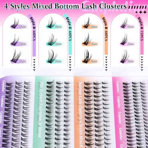 calphdiar Bottom Lash Clusters Kit DIY Eyelash Extensions 4 Styles Bottom Lashes Extension Kit Wispy Lower Eyelash Clusters Kit 5-7mm Natural Individual Lashes 225Pcs for Bottom Lash Extension