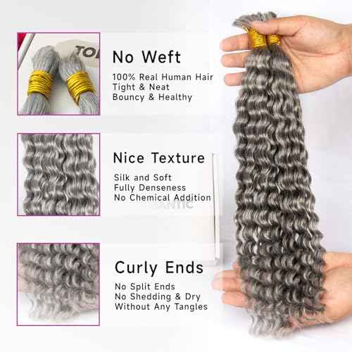 Human Braiding Hair for Boho Braids,Deep Curly Bulk Salt and Pepper Human Hair 100g 2 Bundles/Pack Brazilian Virgin Hair No Weft Wet and Wavy Gray Hair Extensions for Black Women 18 Inch