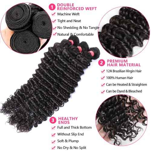 12A Deep Wave Single Bundles Human Hair 28 Inch Brazilian Curly 1 Bundles Human Hair 100% Unprocessed Virgin Wet and Wavy Hair Weave 1B Black