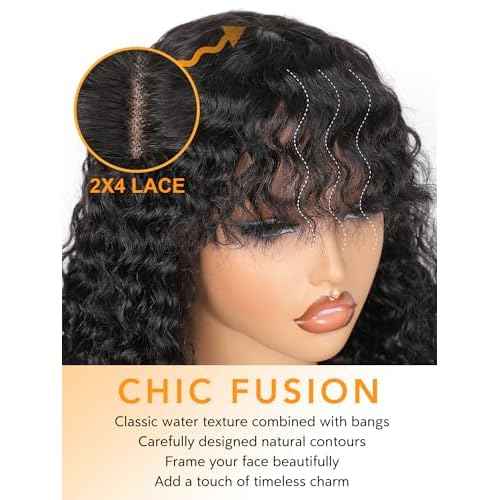 Bob Wig with Bangs Human Hair Water Wave 2x4 HD Lace Closure Front Curly Wigs Human Hair Bang Wig 220 Density Glueless Wear and Go for Beginners 100% Brazilian Human Hair for Black Women 12 Inch