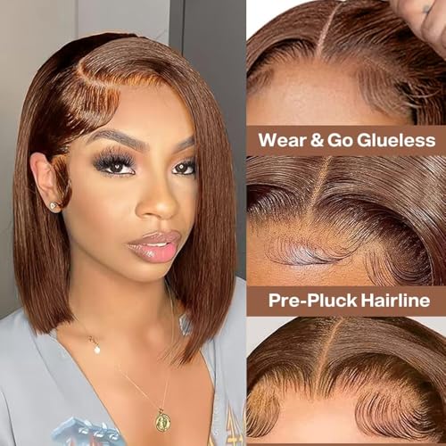Chocolate Brown Bob Wig Human Hair Wear and Go Glueless Wigs Pre Plucked Pre Cut 4x4 Lace Closure Glueless Short Straight Bob Wigs for black women Human Hair 16 inch