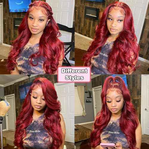 SWEETGIRL 13x6 Burgundy Lace Front Wigs Human Hair Body Wave Lace Front Wigs Pre Plucked 99j HD Lace Frontal Wigs Human Hair Wig for Women 180 Density Red Wig 20 Inch