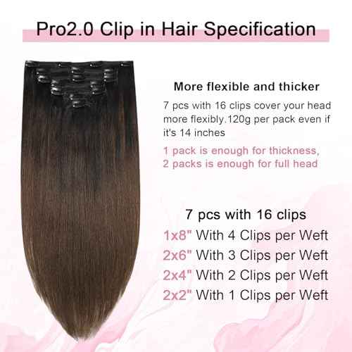 Pro2.0 Clip in Hair Extensions Real Human Hair 120g Thick 7pcs Color #1BT4 Natural Black Fading to Middle Brown Remy Real Human Hair Extensions Clip ins 14inch Double Weft£¨#1BT4-14inch£©