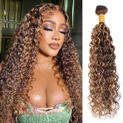 Highlight Bundles Human Hair Water Wave 22 Inch, Honey Blonde Soft & Shed-free P4/27 Ombre Color Curly Brown and Blonde Highlight Weave Bundles Wet and Wavy Single Bundle