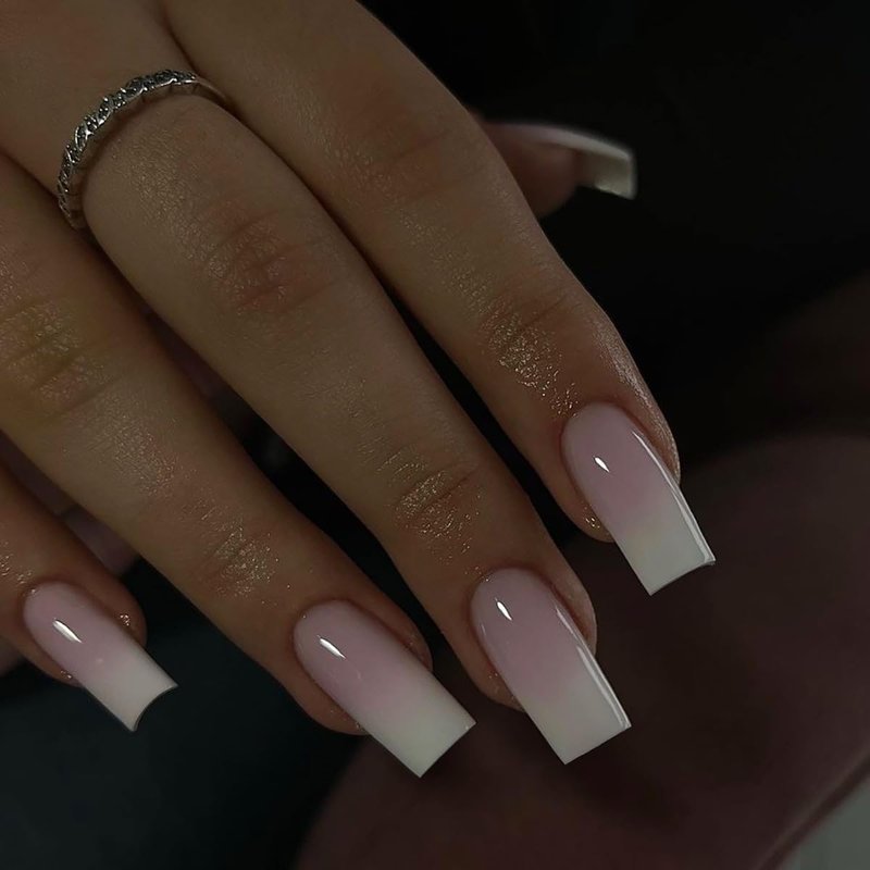 Ombre Pink Press-On Nails | Long Square Gradient French Tips - 24 Pcs Coffin Acrylic Set for Women