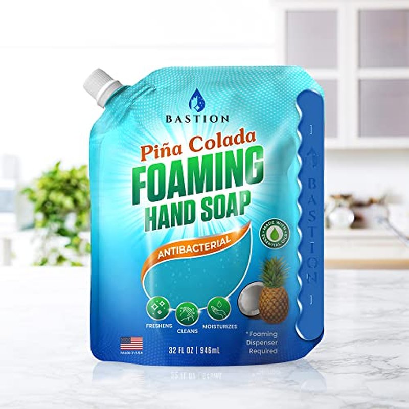 Bastion Foaming Hand Soap Refills - 32oz Pouch, Pina Colada Scented Antibacterial Foam Wash