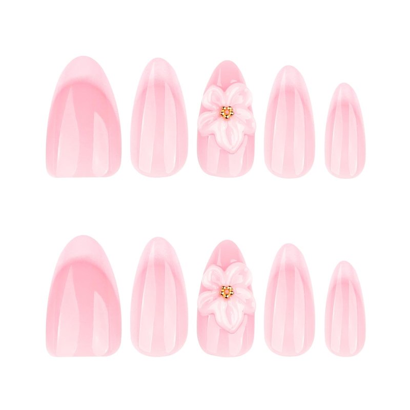 French Tip Press On Nails Almond Shape, Nude Pink with 3D Flower Design, Glossy Medium Fake Nails, Elegant Acrylic False Nails for Women Girls, Spring Floral Bridal Wedding Nails Reusable