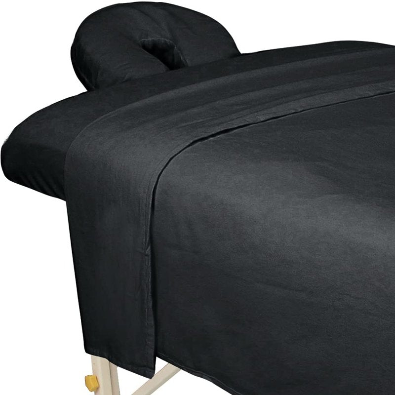 ForPro Professional Collection Premium Flannel 3-Piece Massage Sheet Set for Massage Tables, Includes Flat Sheet, Fitted Sheet and Fitted Face Rest Cover, Black