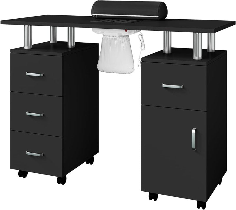 Nail Desk for Nail Tech | Manicure Table with Dust Collector & Hand Rest - Black, Storage Cabinets & Lockable Wheels