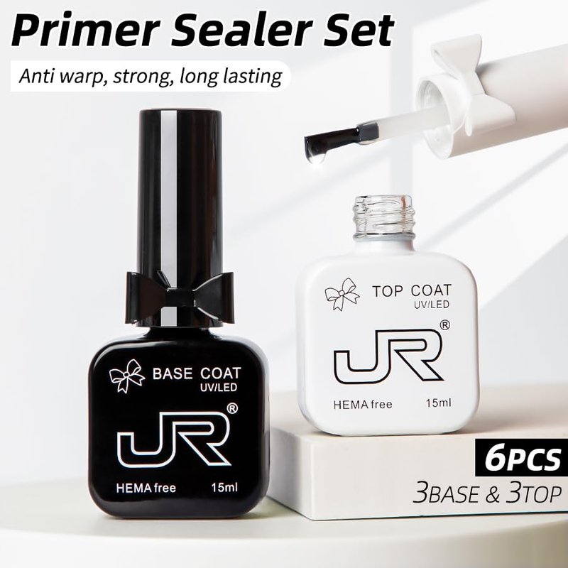 JR No Wipe Gel Top & Base Coat Set - 15ML Long Lasting Formula for High Gloss Nail Art