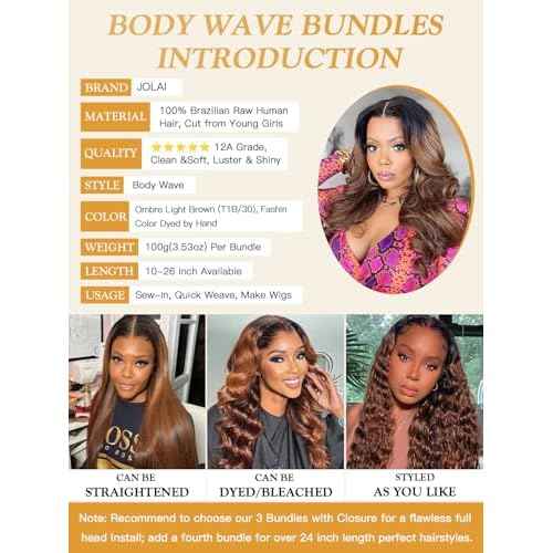 Two-Tone Ombre Honey Brown #T1B/30 Bundles Human Hair Body Wave 10 12 14 Inch, Black to Light Auburn Brown Human Hair Bundles Loose Wave Sew In Weave, 12A 100% Raw Brazilian Virgin Hair Tracks, #T30