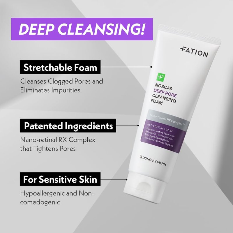 Nosca9 Deep Pore Cleansing Foam for Sensitive Skin | Korean Skincare Face Wash with 17 Amino Acids, White Clay & Patented Pore-Shrinking Ingredient | Deep Cleansing & Moisturizing (5.07 fl. oz)