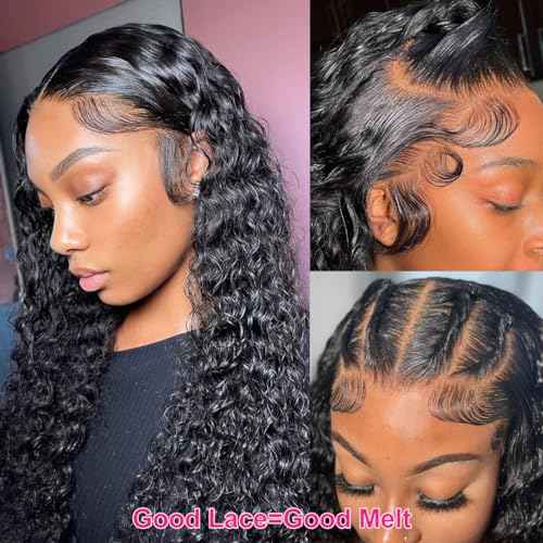 Deep Wave Lace Front Wigs Human Hair Pre Plucked 13x4 HD Transparent Lace Frontal Wigs Human Hair 180% Density Glueless 18 Inch Curly Wigs for Black Women Bleached Knots