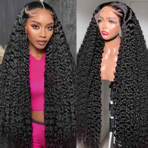 200% Density 13x4 Lace Front Wigs Human Hair Deep Wave Wigs for Women HD Transparent Full Lace Frontal Wigs Pre Plucked Human Hair Lace Front Wigs 26 Inch Glueless Curly Wig Natural Color
