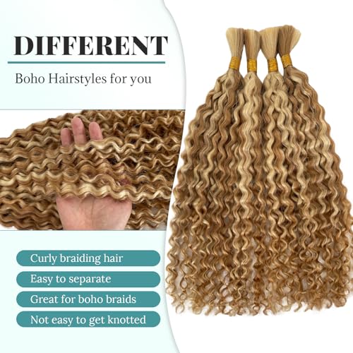 Water Wave Bulk Human Braiding Hair 3 Bundles 150g 20 Inch Highlight Honey Blonde Bohemian Braiding Hair for Boho Braids No Weft 100% Brazilian Virgin Hair