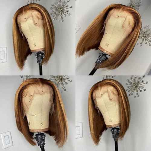 4/27 Highlight Bob Wig Human Hair Straight 13X4 Highlight Bob Lace Front Wigs Human Hair Wear and Go Glueless Wig Pre Plucked 14 Inch Ombre Brown Honey Blonde Hd Lace Frontal Wigs For Black Women