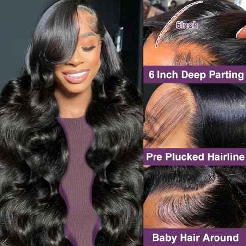 28 Inch 13x6 Lace Front Wigs Human Hair Pre Plucked 220% Density Body Wave HD Lace Front Wigs Human Hair Natural Black Glueless Frontal Wig for Women