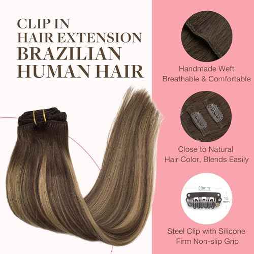 GOO GOO Clip in Hair Extensions Real Human Hair, Remy Human Hair Extensions Clip ins for Women, Natural Human Hair, 18inch 120g 7Pcs, 4/27/4 Balayage Chocolate Brown to Caramel Blonde
