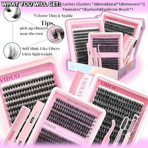 Lash Clusters Kit with 2X Bond&Seal 3 Styles 760Pcs Clusters Lashes Extension Volume Soft Eyelash Extension Kit 80D+100D D Curl Wispy Natural DIY Individual Lash Clusters Kit Box for Beginners